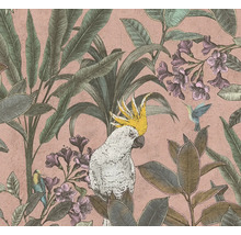 Papier peint avec motifs de jungle, incluant perroquet et colibri