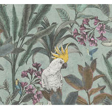 Tapete mit Papagei, Kolibri, Blättern und Blüten