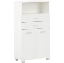 Armoire multifonctionnelle blanche avec compartiment ouvert, deux tiroirs et deux portes