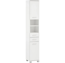 Armoire haute de salle de bains blanche avec une porte, deux compartiments ouverts et deux tiroirs