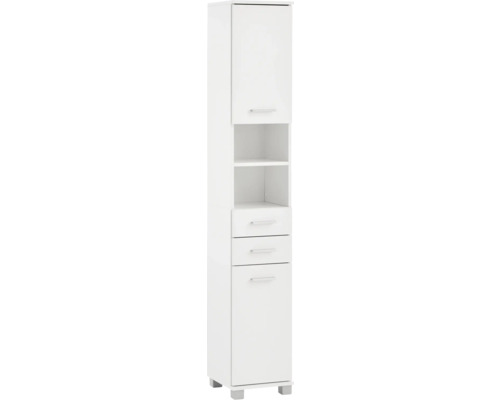 Armoire haute Palermo lxhxp 30,3 x 180,9 cm x 32,6 cm couleur de façade blanc Armoire haute de salle de bains blanche avec une porte, deux compartiments ouverts et deux tiroirs