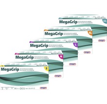 Plusieurs emballages de gants jetables en nitrile MegaGrip sans poudre, de différentes tailles