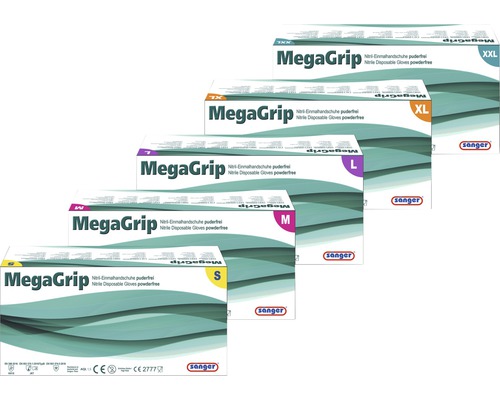 Plusieurs emballages de gants jetables en nitrile MegaGrip sans poudre, de différentes tailles
