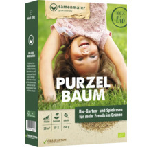 Samen Maier Purzelbaum Bio-Garten und Spielrasen Verpackung mit Mädchen im Gras
