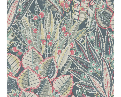 Papier peint intissé 39653-2 Stories of Life feuilles Boho bleu rouge Motif de tissu avec des feuilles et des fleurs
