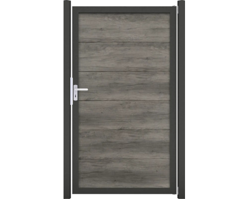 Einzeltor GroJa BasicLine Nova DIN universal vormontiert ohne Pfosten 150 x 180 cm Monument Oak Gartentür mit Holzoptik und Metallrahmen