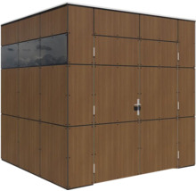 Holzverkleideter Geräteschuppen mit Fenster und Tür