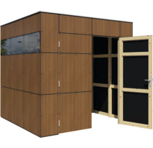 Gartenhaus mit Holzwandoptik, Fensterelement und offener Tür