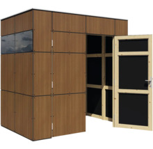 Gartenhaus mit Holzwandverkleidung, Fenster und offener Tür.