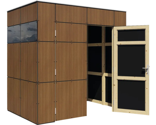 Gartenhaus mit Holzwandverkleidung, Fenster und offener Tür.