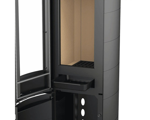 Detailansicht eines Kaminofens mit offener Tür und Aschefach