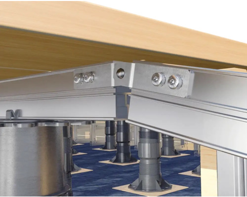 Unterkonstruktion einer Terrasse mit justierbaren Stelzlagern und Aluminiumprofilen