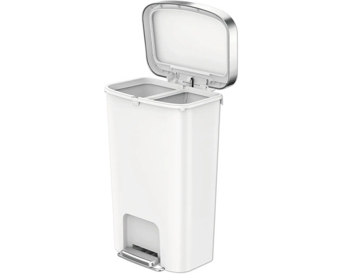 Poubelle à pédale avec deux compartiments et couvercle ouvert