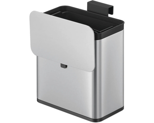 Abfalleimer aus Edelstahl mit offenem Deckel und Befestigungsvorrichtung