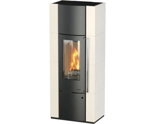 Kaminofen Thermia Alpha Plus Stahl creme 6 kW mit Standfuß und Wärmefach Kaminofen mit Sichtfenster und Holzfeuer