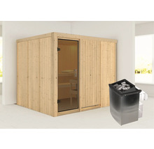 Sauna mit Holzwänden, Glastür und Saunaofen