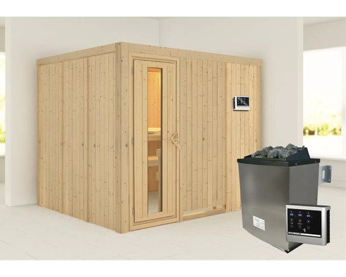 Sauna modulaire Karibu Gobina avec poêle 9 kW et commande ext. sans couronne avec porte en bois et verre à isolation thermique Sauna modulaire Karibu Gobina avec poêle 9 kW et commande ext. sans couronne avec porte en bois et verre à isolation thermique