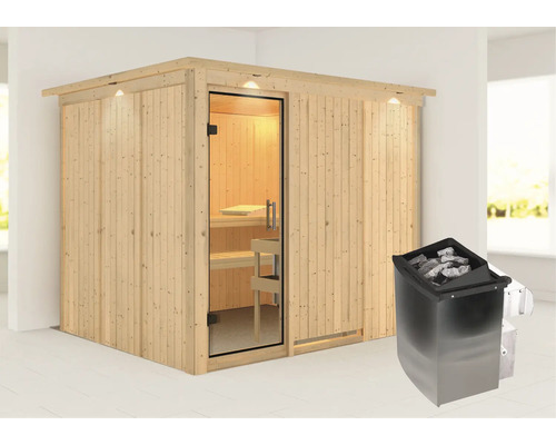 Sauna modulaire Karibu Gobina avec poêle 9 kW et commande intégrée avec couronne et porte entièrement vitrée transparente