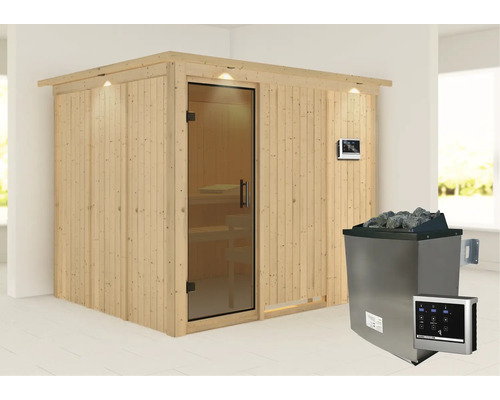 Sauna modulaire Karibu Gobina avec poêle 9 kW et commande externe avec couronne et porte entièrement vitrée coloris graphite Sauna modulaire Karibu Gobina avec poêle 9 kW et commande externe avec couronne et porte entièrement vitrée coloris graphite