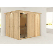 Holzsauna mit Glastür und Beleuchtung