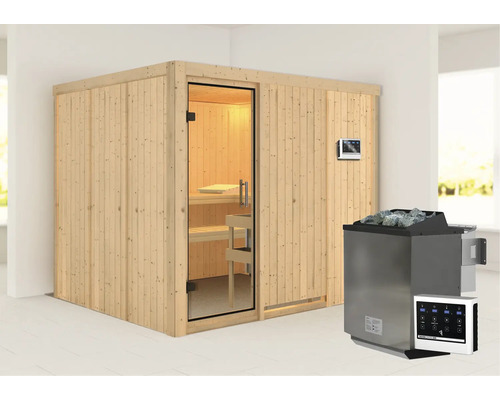 Sauna en bois avec porte en verre, poêle de sauna et panneau de commande