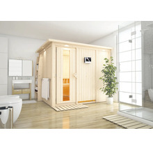 Sauna aus Holz in einem hellen Badezimmer