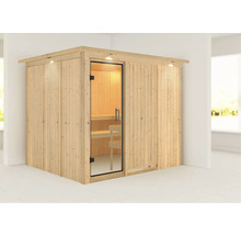 Holzsauna mit Glastür und Innenbeleuchtung