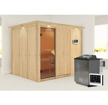 Sauna en bois avec porte en verre et poêle de sauna