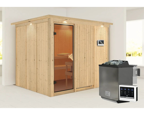 Sauna en bois avec porte en verre et poêle de sauna