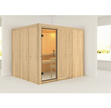 Holzsauna mit Glastür und Holzbänken