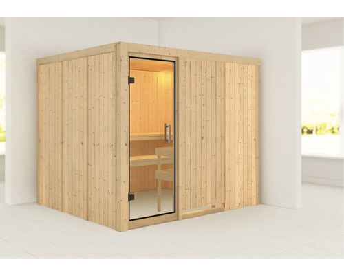 Elementsauna Karibu Gobina ohne Ofen und Dachkranz mit Ganzglastüre aus Klarglas Elementsauna Karibu Gobina ohne Ofen und Dachkranz mit Ganzglastüre aus Klarglas