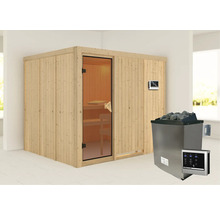 Sauna mit Holzwänden, Glastür, Saunaofen und Steuerungseinheit