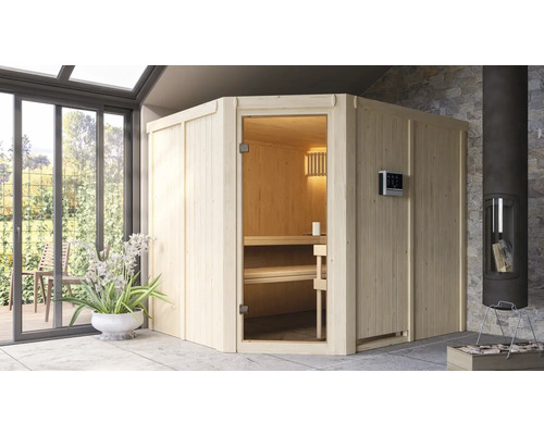 Sauna modulaire Karibu Horna avec poêle 9 kW commande ext. sans couronne avec porte entièrement vitrée couleur bronze