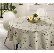 Table ronde avec nappe à motif végétal