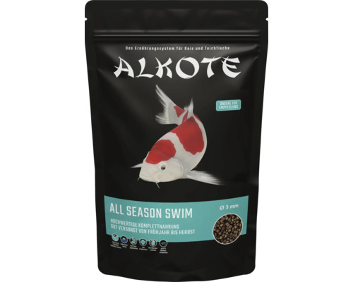 Nourriture de bassin ALKOTE All Season "swim" 3 mm 500g nourriture qui coule pour carpes koï pour toute la période d'alimentation avec des prébiotiques Aliments pour poissons Alkote All Season Swim dans un emballage avec un Koï