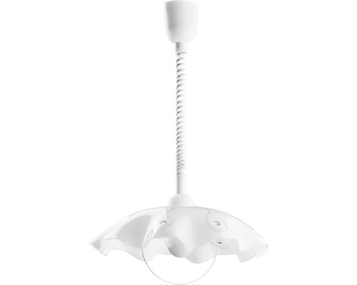 Weisse Pendelleuchte mit Lampenschirm in Blütenform