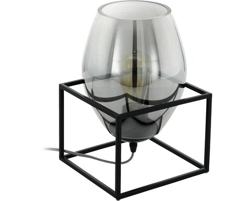 Lampe de table métal/verre 1 ampoule hxlxL 305x200x200 mm Olival noir/verre fumé avec interrupteur de câble