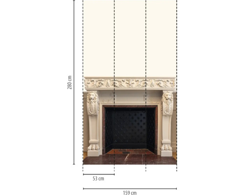 Abmessungen einer Kaminverkleidung mit einer Höhe von 280 Zentimetern und einer Breite von 159 Zentimetern.