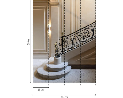Papier peint photo d''escalier avec rambarde décorative et sculpture, dimensions 212 cm x 280 cm