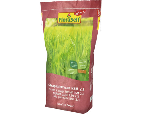 Gazon résistant FloraSelf Select RSM 2.3 10 kg / 500 m² Emballage de gazon robuste RSM 2.3 de FloraSelf, 10 kilogrammes pour 500 mètres carrés