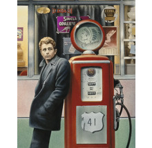 Peinture d''une station-service avec une pompe à essence rouge et un homme en manteau