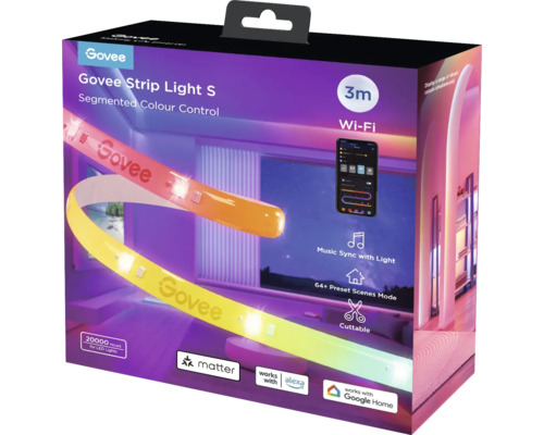 Govee Strip Light S Verpackung mit segmentierter Farbsteuerung, WLAN Funktion, Musik Synchronisation, voreingestellten Szenen und Matter Logo