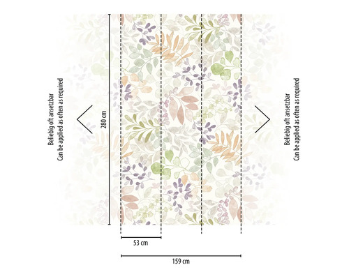 Vue détaillée du papier peint intissé avec motif de feuilles et indications de dimensions