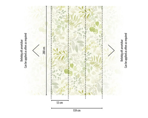 Papier peint photo avec motif de feuilles et indications de dimension