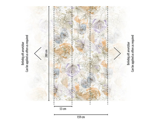 Grafische Darstellung einer Vliestapete mit Blumenmuster und den Maßen 280 mal 159 Zentimeter.