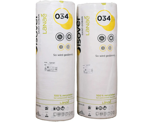 Zwei Rollen Isover Dämmwolle mit der Bezeichnung LaNae 034 in Folie verpackt.