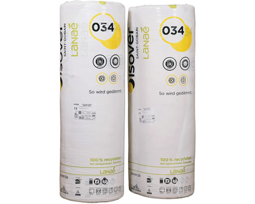 Zwei Rollen Isover Dämmwolle, verpackt in Folie.