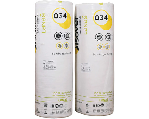 Deux rouleaux de laine isolante Isover emballés dans du film.