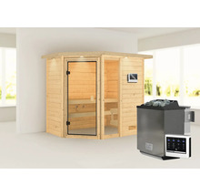 Sauna en bois avec porte en verre et poêle de sauna avec pierres