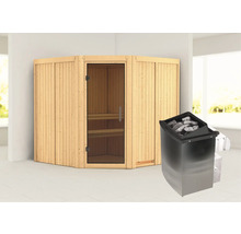 Sauna aus Holz mit Saunaofen und Saunasteinen